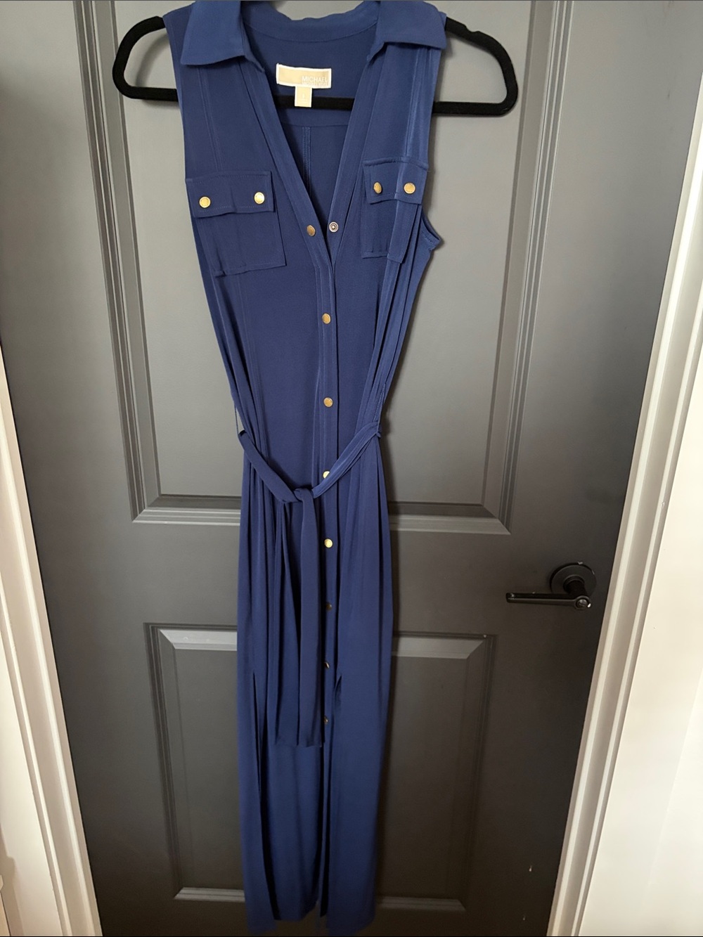 Michael Kors Sleeveless Navy Belted Jumpsuit with Gold Buttons